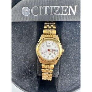 Gold Tone Citizen 1002 Women's Day & Date Quartz Watch Works! Stretch Band